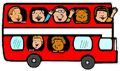 Happy People Waving in Double Decker Bus Clipart