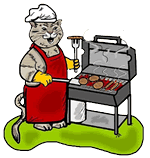 Cat Barbecuing Hamburgers & Hot Dogs