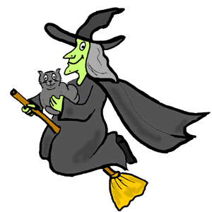 Witch on Broom Holding Cat