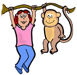 Girl & Monkey Hanging from Branch