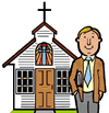 Church-Goer with Bible Standing Outside of Church Clipart