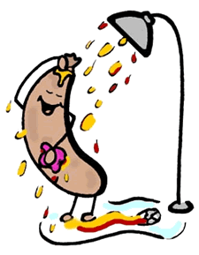 Stick Figure Hotdog Showering in Mustard & Ketchup Clipart