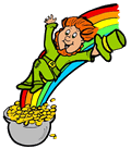 Leprechaun Sliding Down Rainbow into Pot of Gold Clip Art