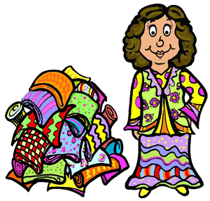 Colorful Clothes Lady Standing Beside Pile of Fabrics Clipart