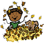 Stick Figure Boy & Dog Playing in the Leaves Clipart